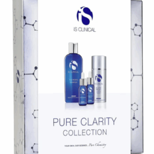The IS Clinical Pure Clarity Collection boxed skincare set displays four blue and silver bottles on the front, set against a science-inspired background that highlights its innovative appeal.